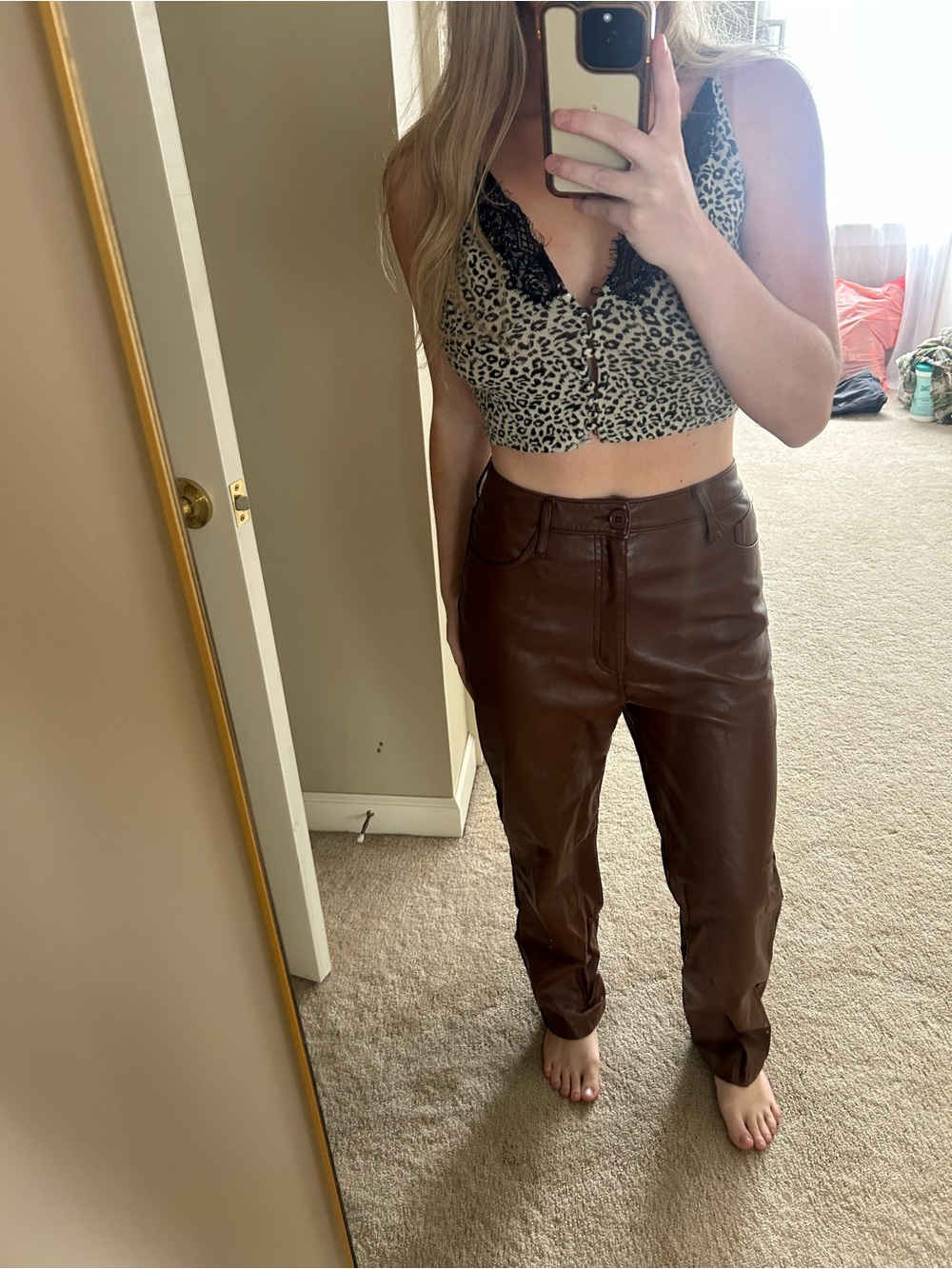 Boutique Brown Faux Leather Straight-Leg Pants